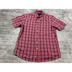 Saddlebred Shirt Mens Large Red Plaid Short‎ Sleeve Button Up Polyester Blend